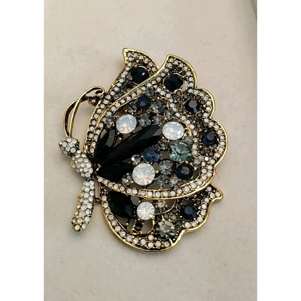 Large Butterfly Brooch Black & White Crystals Gold Tone 3.5" X  2.75"